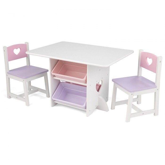 Masuta copii cu inimioare, cu doua scaunele din lemn si spatii de depozitare- Heart Kidkraft Table